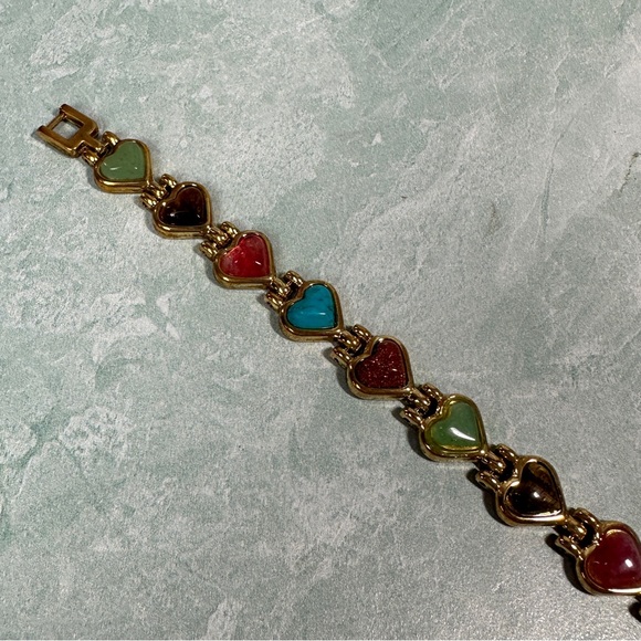 HEARTS SEMI PRECIOUS STONES GOLD TONE MAGNETIC BRACELET ARTHRITIS THERAPY - Picture 3 of 6